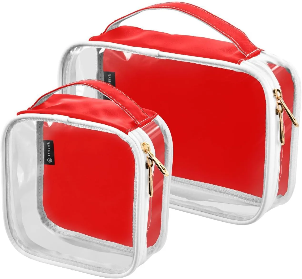 Red Clear Makeup Bags TSA Approved Toiletry Bag for Women Men Cosmetic Bags with Handle Carry On Airport Airline Compliant Bag Quart Size PVC Travel Bags for Toiletries Liquids, 2 Pack