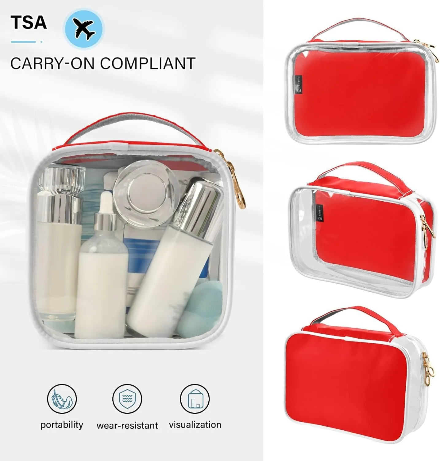 Red Clear Makeup Bags TSA Approved Toiletry Bag for Women Men Cosmetic Bags with Handle Carry On Airport Airline Compliant Bag Quart Size PVC Travel Bags for Toiletries Liquids, 2 Pack