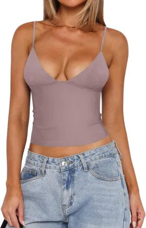 REORIA Butsmooth Womens Sexy V-Neck Sleeveless Double Lined Going Out Y2K Trendy Cami Shirt Cropped Tank Tops