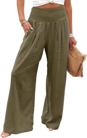 Reyox Women's Casual Elastic Waist Wide Leg Pants Cotton Linen Comfy Lounge Pants