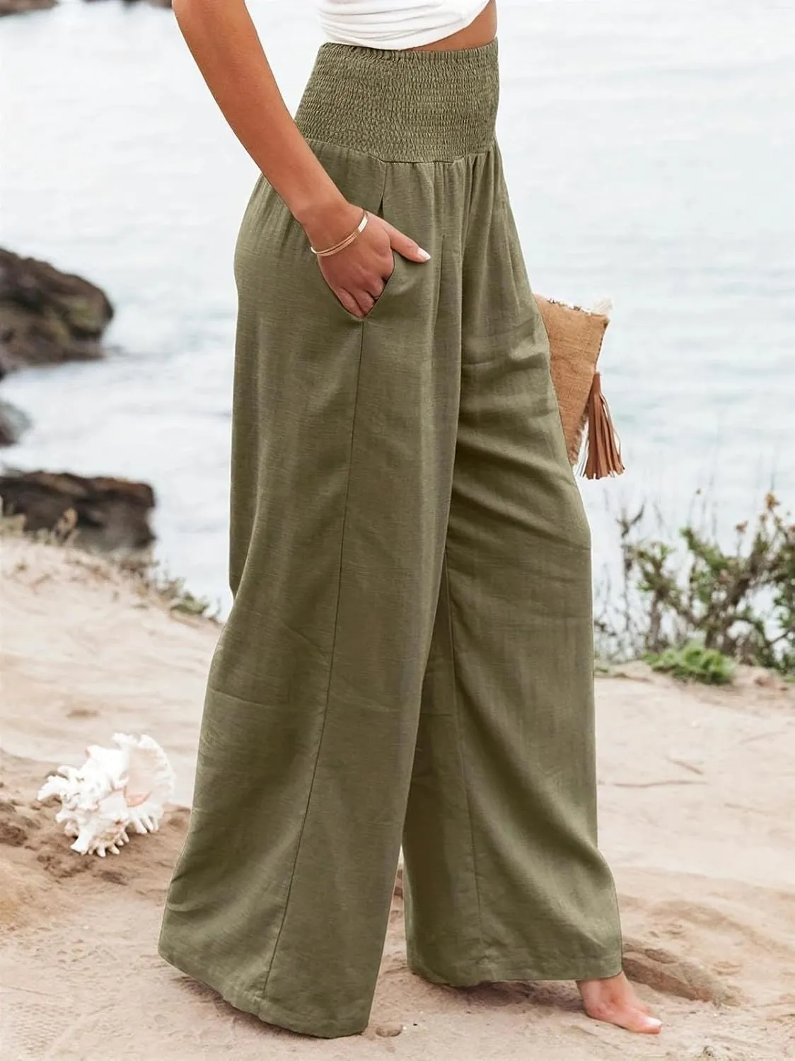 Reyox Women's Casual Elastic Waist Wide Leg Pants Cotton Linen Comfy Lounge Pants