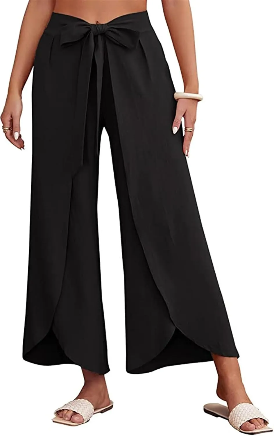 Reyox Women's High Waist Side Split Slit Wide Leg Pants Tie Front Lounge Pants