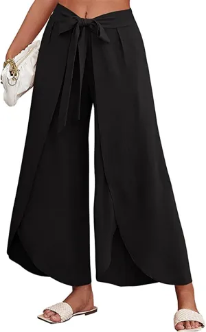 Reyox Women's High Waist Side Split Slit Wide Leg Pants Tie Front Lounge Pants