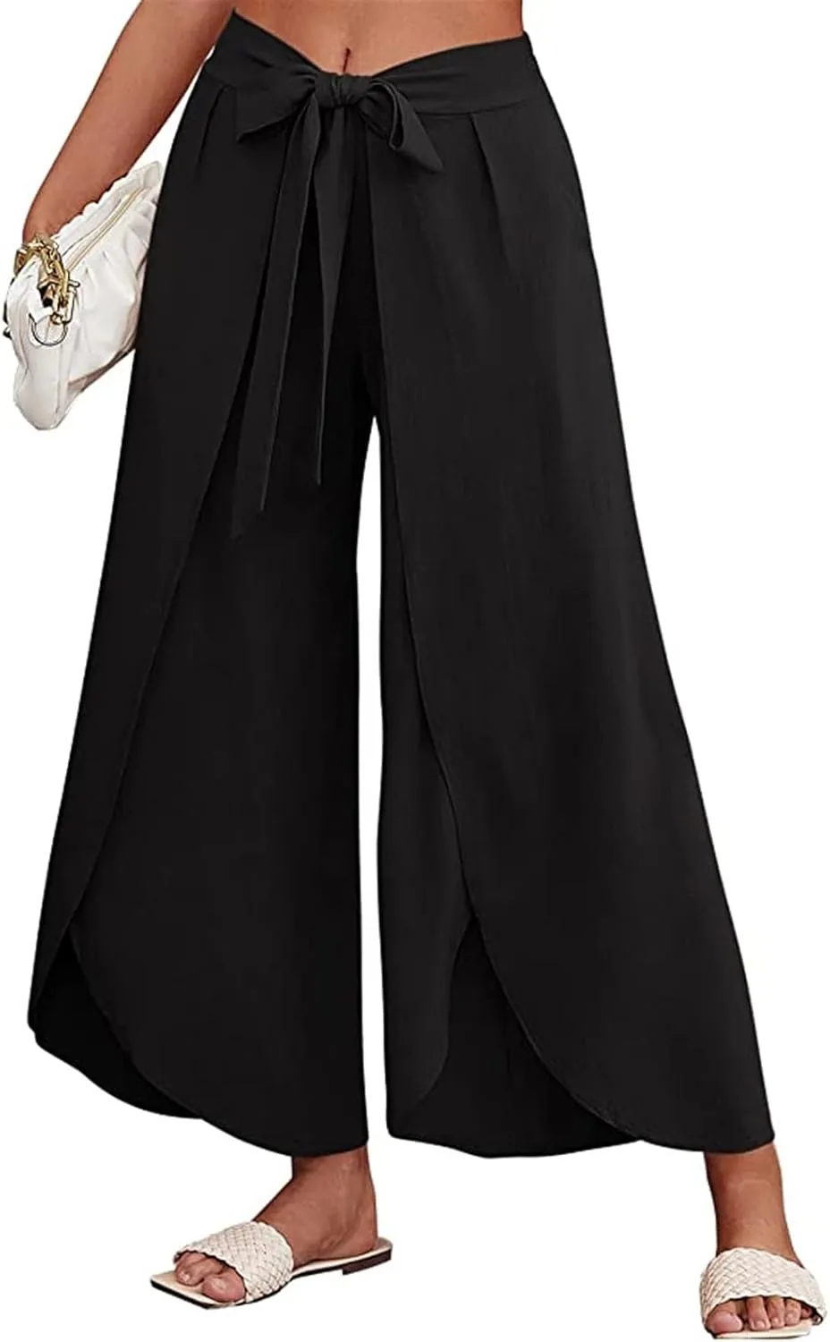 Reyox Women's High Waist Side Split Slit Wide Leg Pants Tie Front Lounge Pants