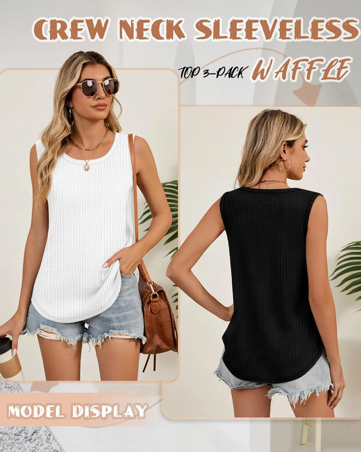 Riyiper 3 Pack Women's Waffle Knit Tank Tops Sleeveless Casual Summer Loose Fit Top Round Neck Curved Hem Trendy Camis