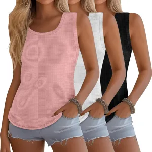 Riyiper 3 Pack Women's Waffle Knit Tank Tops Sleeveless Casual Summer Loose Fit Top Round Neck Curved Hem Trendy Camis