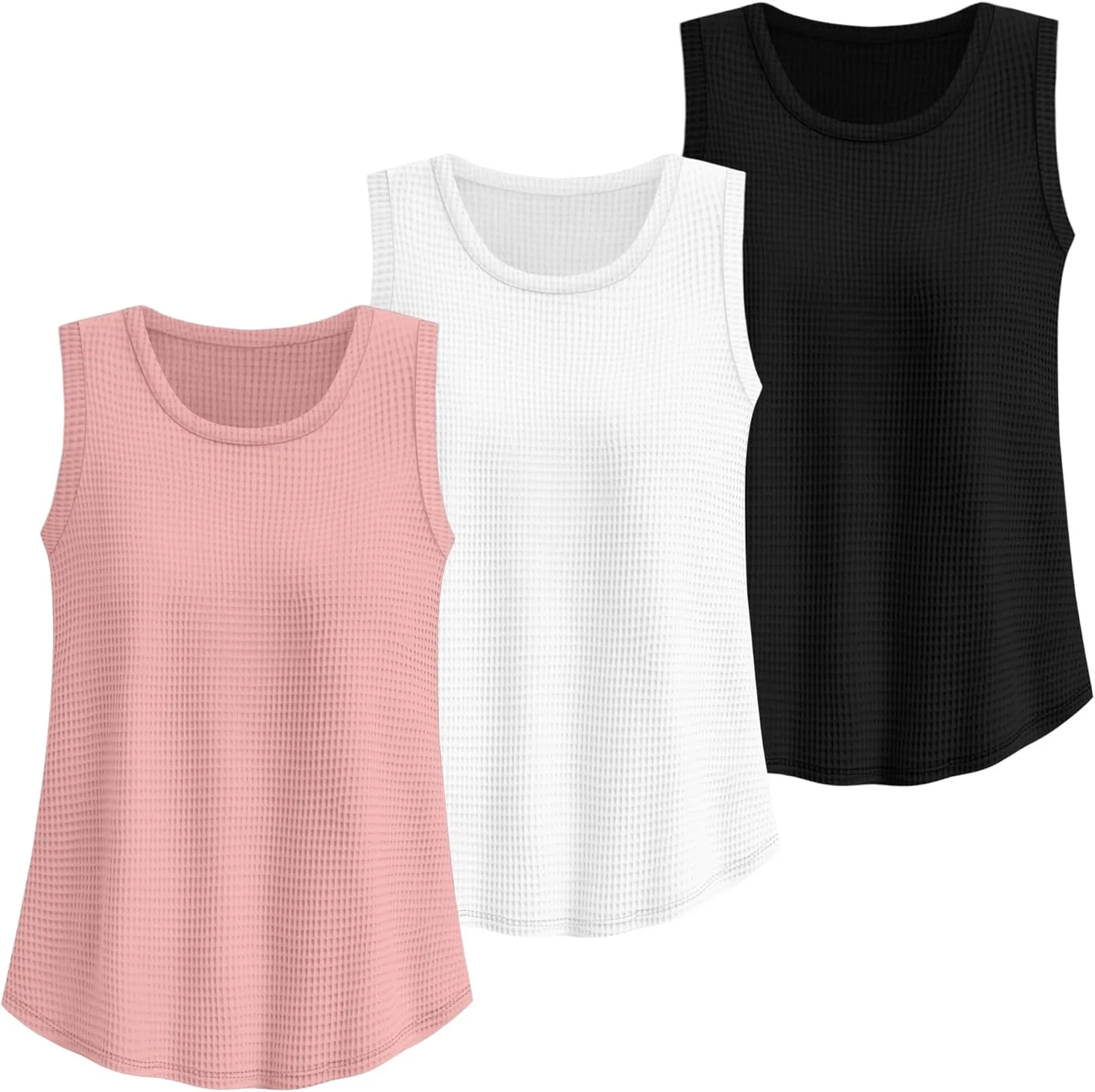 Riyiper 3 Pack Women's Waffle Knit Tank Tops Sleeveless Casual Summer Loose Fit Top Round Neck Curved Hem Trendy Camis