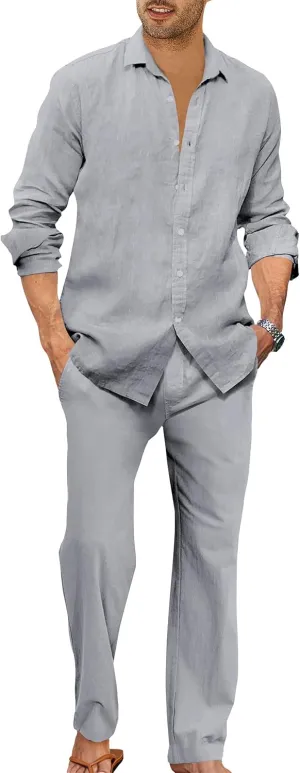 Ryannology Men 2 Piece Linen Set Outfits Drawstring Long Pants Button Down Roll Up Sleeve Shirts Beach Wedding Suit Sets