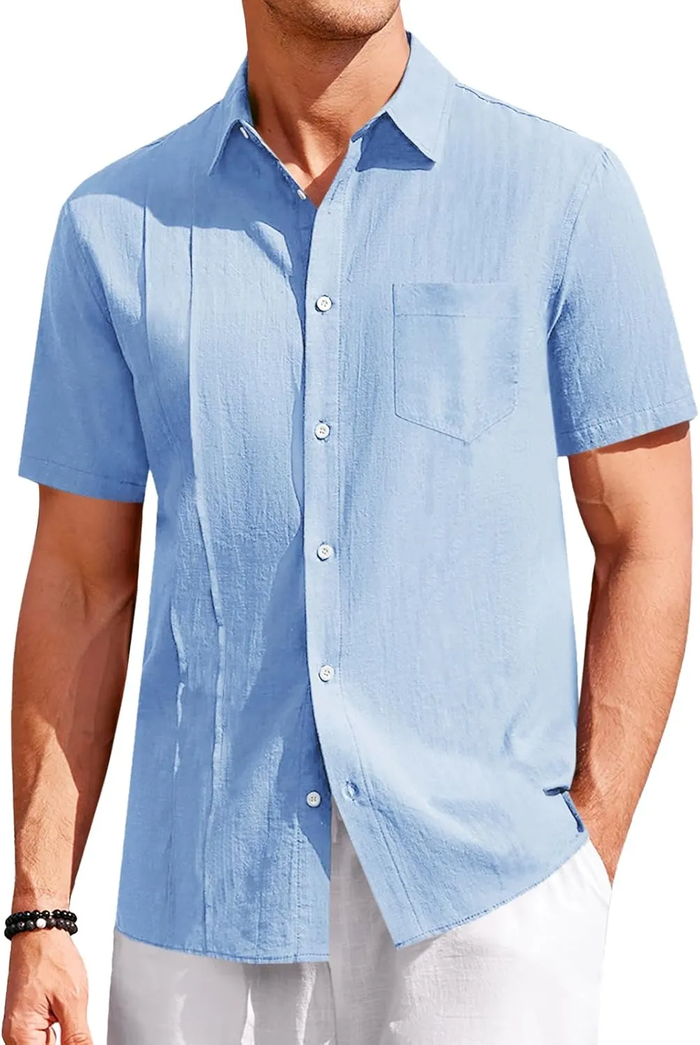 Ryannology Mens Guayabera Shirts Linen Short Sleeve Button Down Casual Beach Cuban Camp Mexican Shirt for Men Khaki