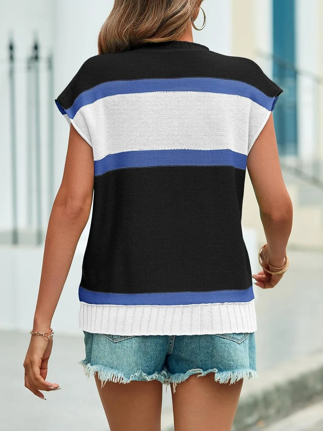 Saodimallsu Womens Cap Sleeve Sweater Vest Top Summer Color Block Loose Knit Going Out Shirts