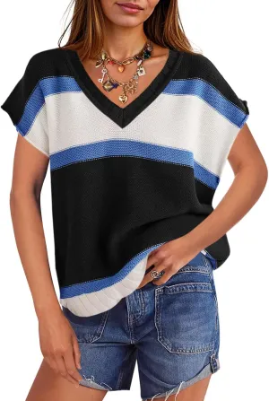 Saodimallsu Womens Cap Sleeve Sweater Vest Top Summer Color Block Loose Knit Going Out Shirts