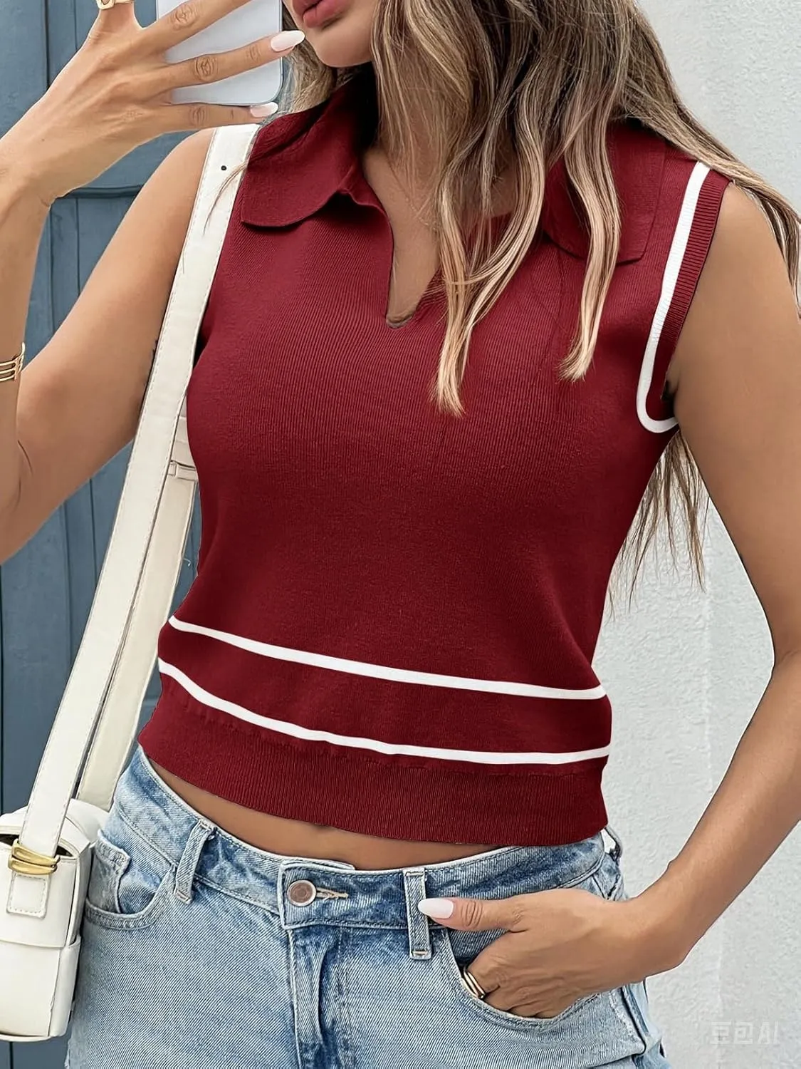 Saodimallsu Womens Sleeveless Cropped Sweater Vest V Neck Collared Color Block Y2k Crop Tank Top Summer Polo Shirts