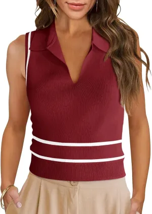 Saodimallsu Womens Sleeveless Cropped Sweater Vest V Neck Collared Color Block Y2k Crop Tank Top Summer Polo Shirts