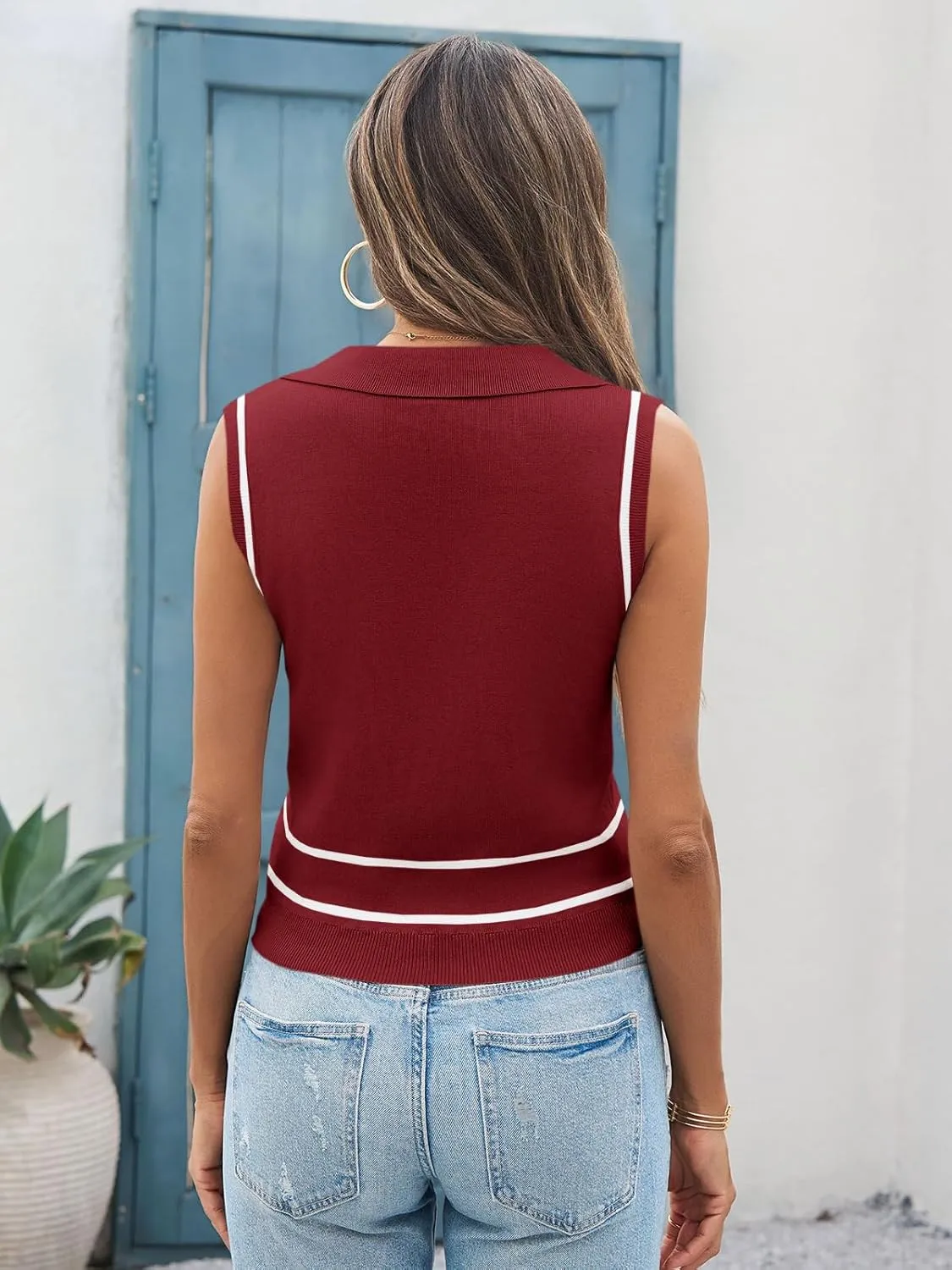 Saodimallsu Womens Sleeveless Cropped Sweater Vest V Neck Collared Color Block Y2k Crop Tank Top Summer Polo Shirts