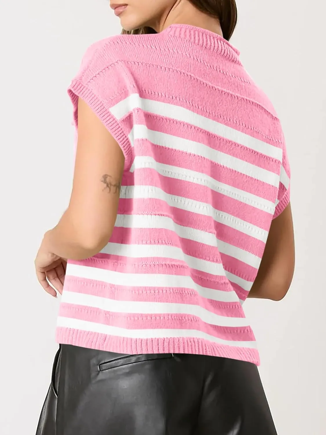 Saodimallsu Womens Striped Sweater Vest Casual Cap Sleeve Knit Summer Tops Crewneck Loose Sleeveless Trendy Tank Top