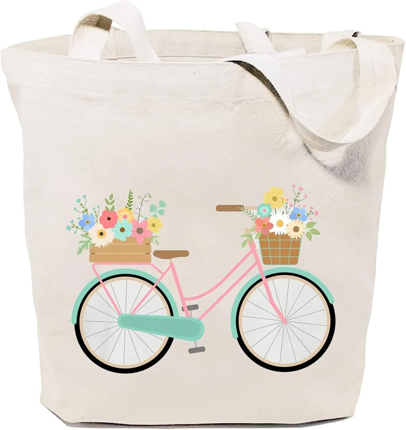 SAUIVD Bicycle Flower Graphic Canvas Tote Bag Eco Friendly Casual Shoulder Bag Lightweight Shopping Bag Mother Gift