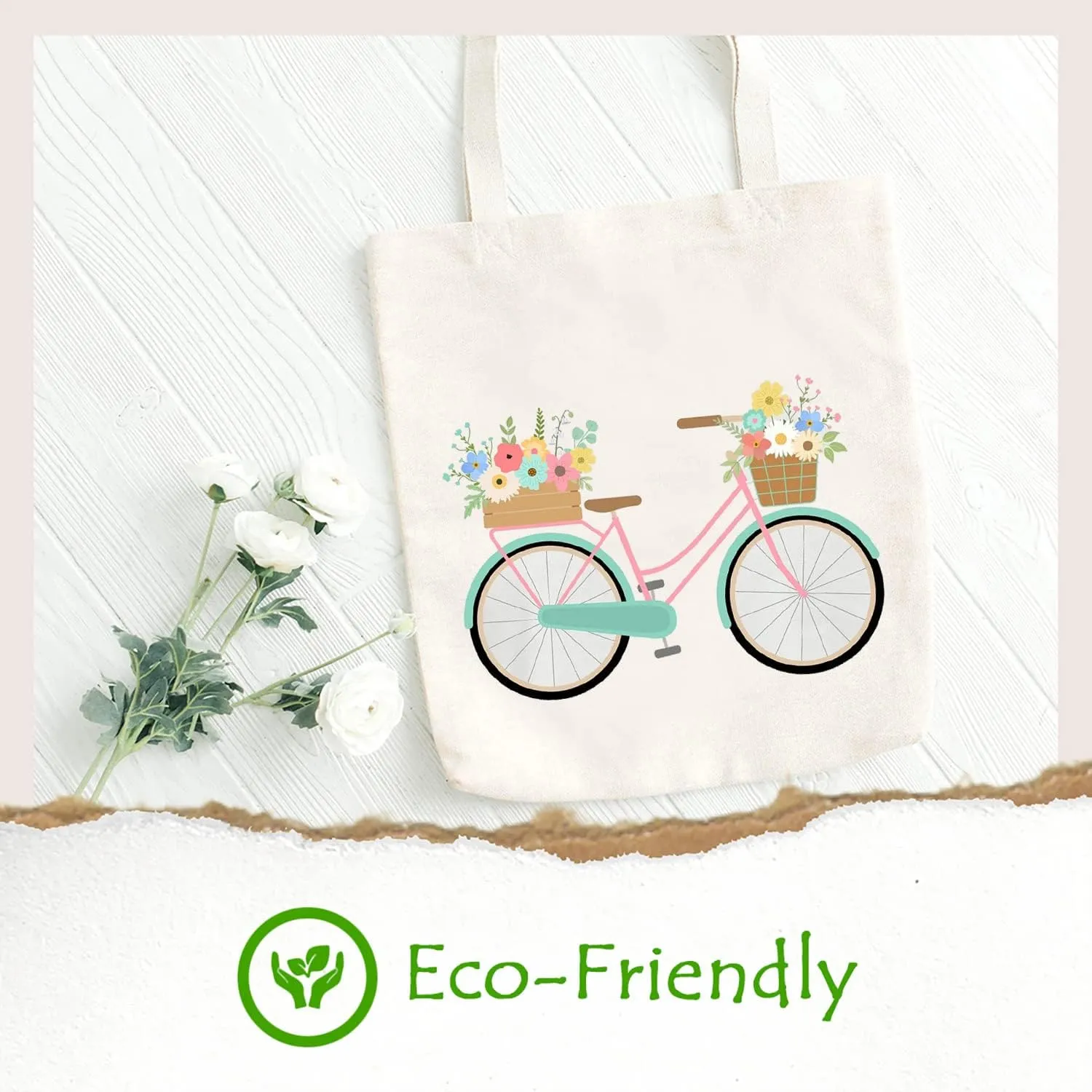SAUIVD Bicycle Flower Graphic Canvas Tote Bag Eco Friendly Casual Shoulder Bag Lightweight Shopping Bag Mother Gift