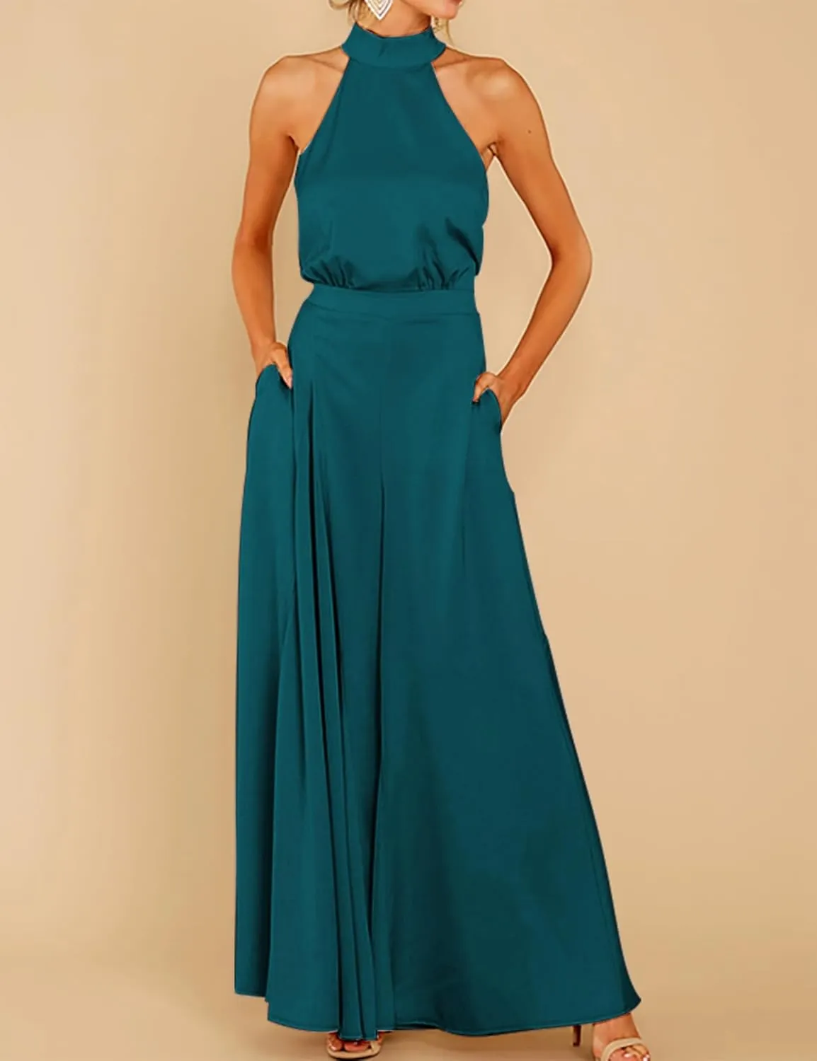 SDEER Womens Sleeveless Halter Tied Jumpsuit with Pockets High Waist Wide Leg Pants for Women