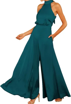 SDEER Womens Sleeveless Halter Tied Jumpsuit with Pockets High Waist Wide Leg Pants for Women