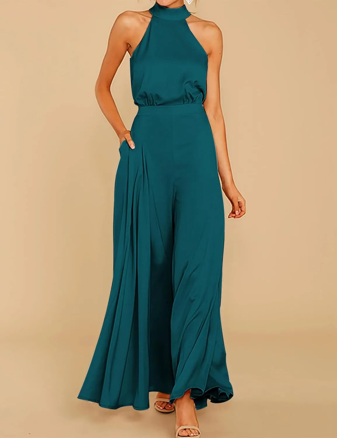 SDEER Womens Sleeveless Halter Tied Jumpsuit with Pockets High Waist Wide Leg Pants for Women