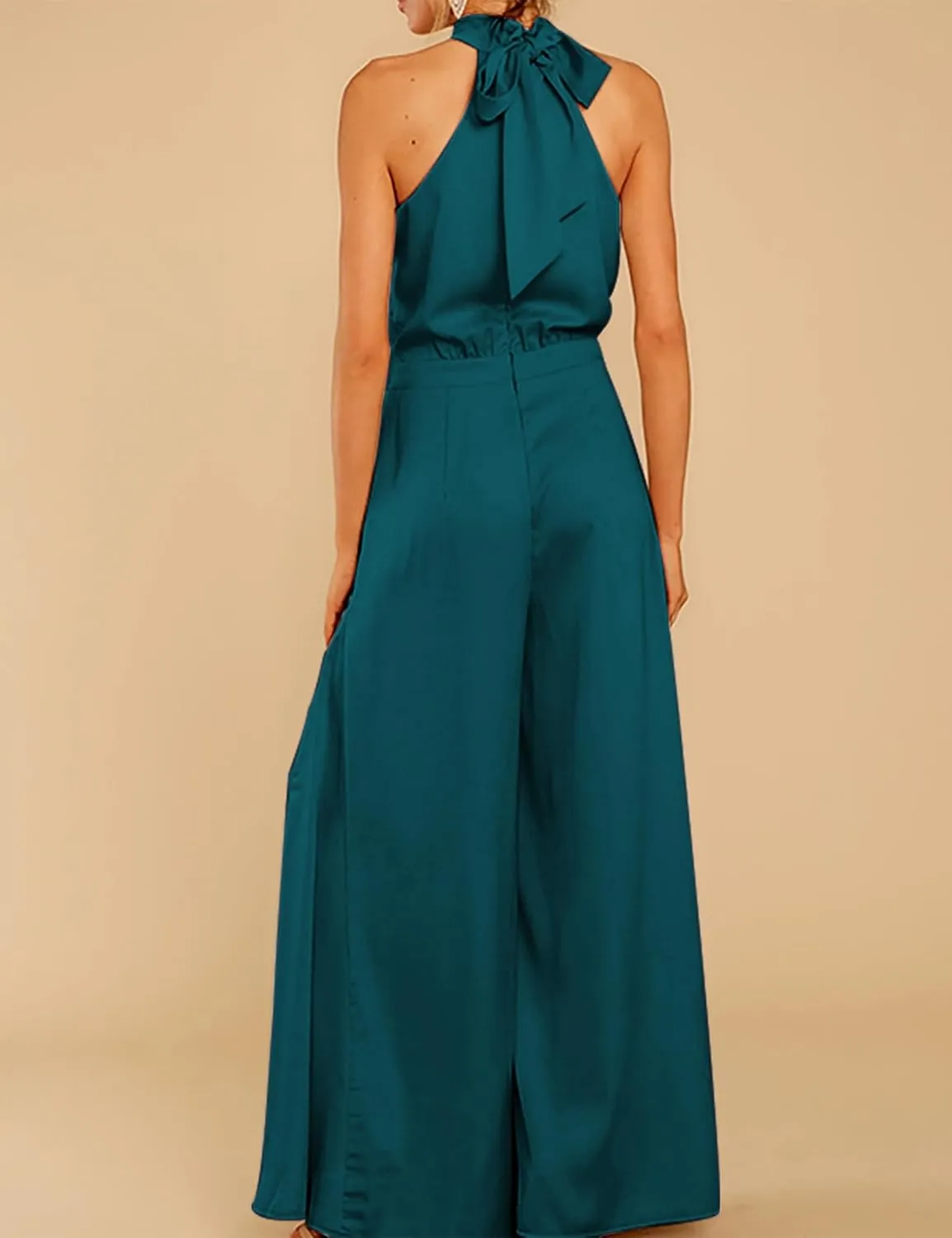 SDEER Womens Sleeveless Halter Tied Jumpsuit with Pockets High Waist Wide Leg Pants for Women