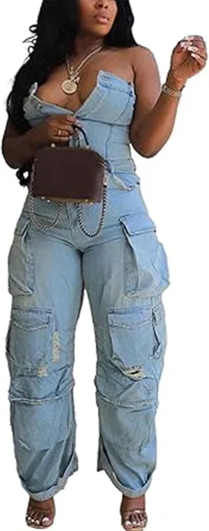 Sexyshine Women's Camo Print Tube Jumpsuit Wrapped Button Up Sleeveless Camouflage Long Cargo Rompers Overalls
