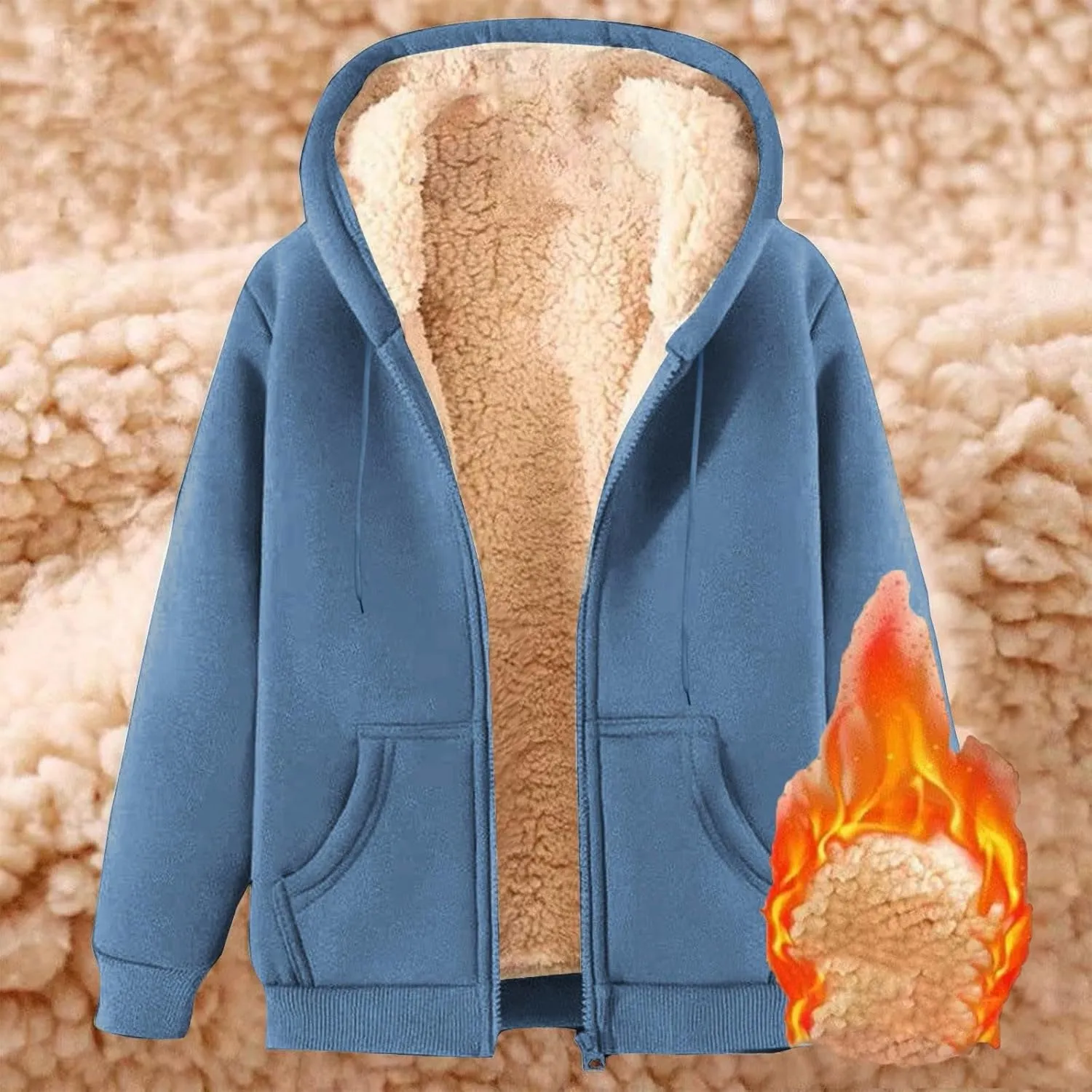 Sherpa Lined Jackets for Men Zip Up Hoodies Casual Oversized Fleece Jacket Trendy Y2K Hoodie Warm Winter Coat Pocket