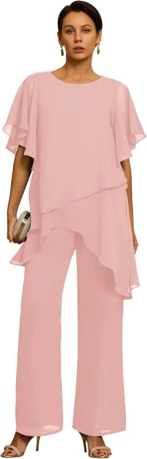 Short Sleeves Mother of the Bride Pant Suits for Wedding Chiffon Scoop Neck Wedding Guest Party Formal Outfit