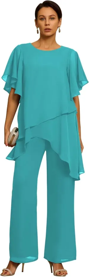 Short Sleeves Mother of the Bride Pant Suits for Wedding Chiffon Scoop Neck Wedding Guest Party Formal Outfit