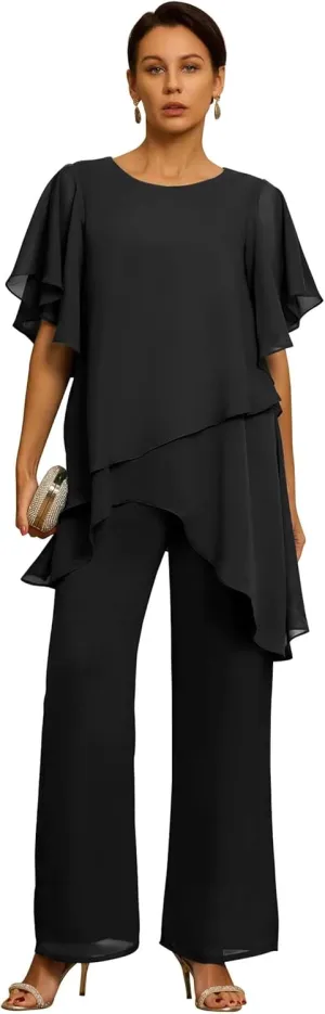 Short Sleeves Mother of the Bride Pant Suits for Wedding Chiffon Scoop Neck Wedding Guest Party Formal Outfit