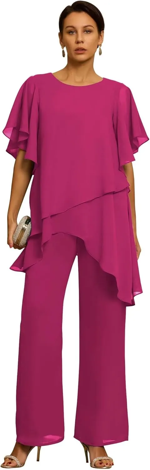 Short Sleeves Mother of the Bride Pant Suits for Wedding Chiffon Scoop Neck Wedding Guest Party Formal Outfit