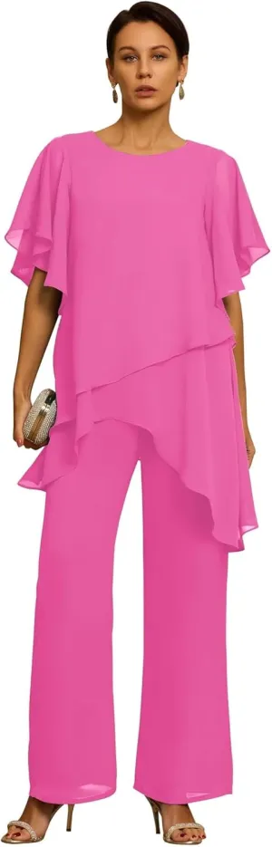 Short Sleeves Mother of the Bride Pant Suits for Wedding Chiffon Scoop Neck Wedding Guest Party Formal Outfit