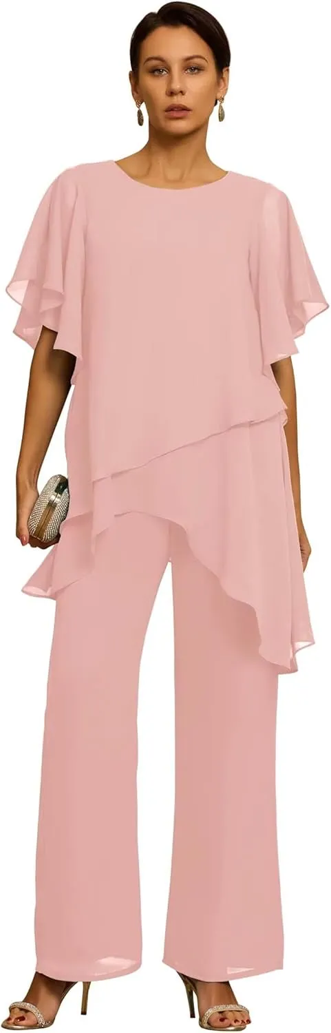 Short Sleeves Mother of the Bride Pant Suits for Wedding Chiffon Scoop Neck Wedding Guest Party Formal Outfit