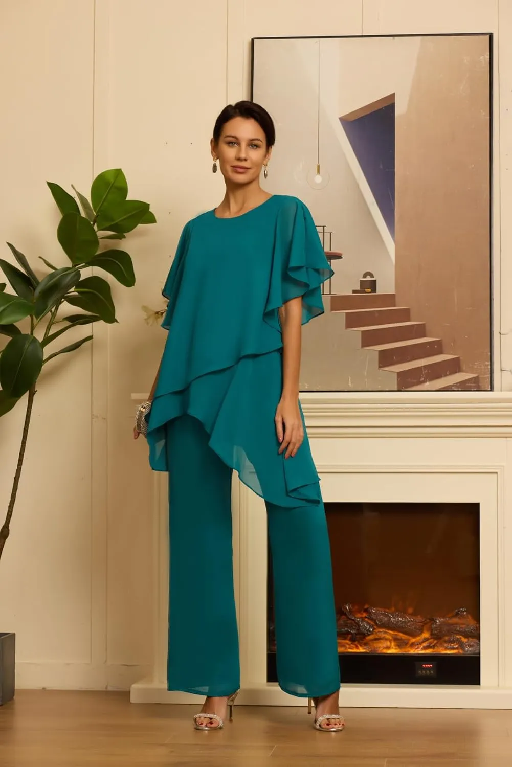 Short Sleeves Mother of the Bride Pant Suits for Wedding Chiffon Scoop Neck Wedding Guest Party Formal Outfit