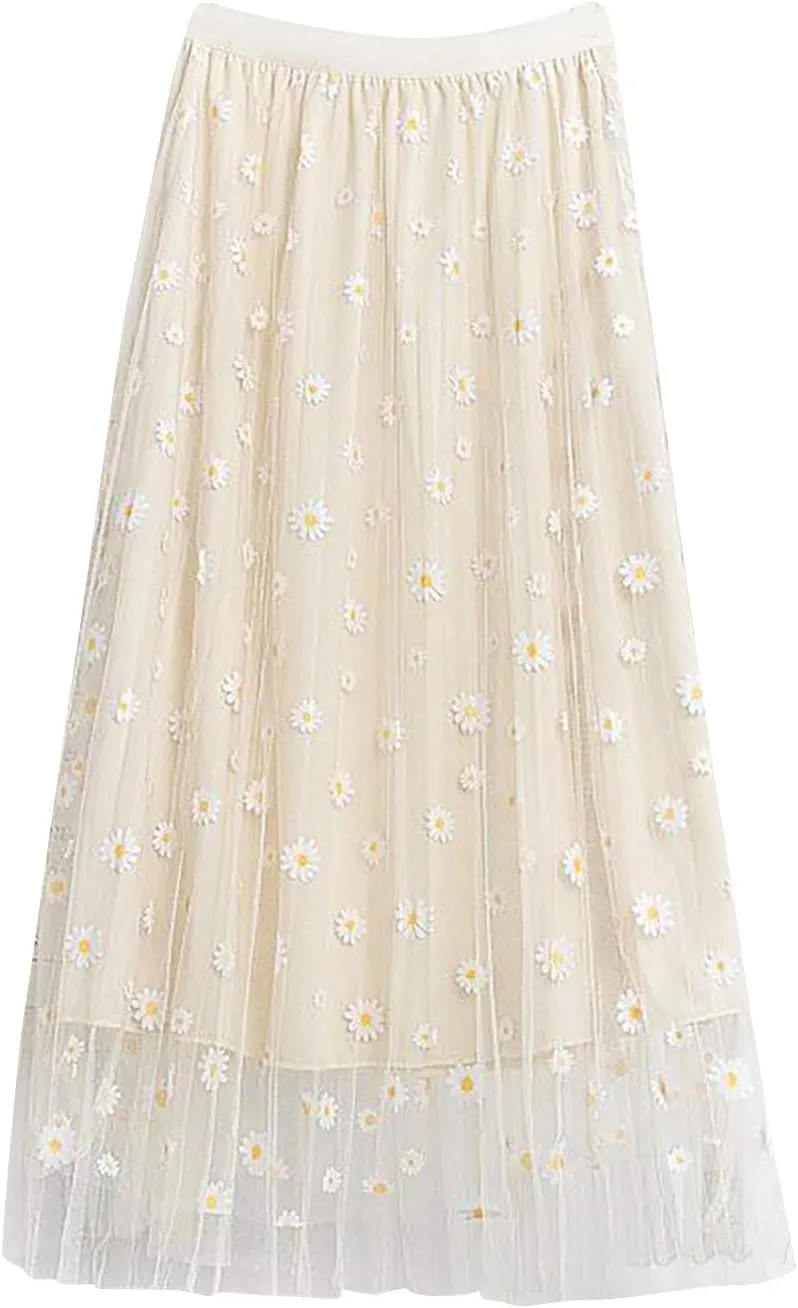 Skirts for Women Trendy Women's Floral Midi Skirt Elastic Pleated Mesh A-Line Tulle Skirt Swing Women Skirt Wrap