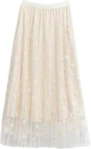 Skirts for Women Trendy Women's Floral Midi Skirt Elastic Pleated Mesh A-Line Tulle Skirt Swing Women Skirt Wrap