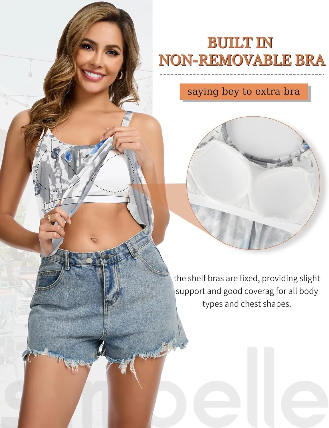 SLIMBELLE Camisole Tops for Women Built in Bra Shirts Adjustable Straps Pleat Scoop Neck Casual Tank Summer Top S-3XL