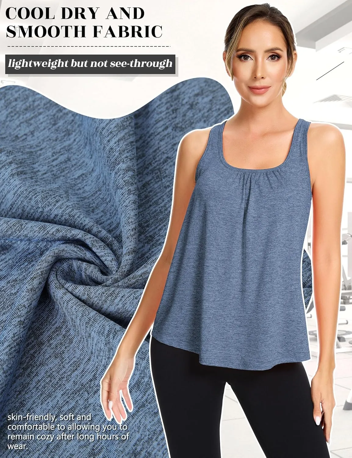 SLIMBELLE Mesh Racer Back Tank Tops Womens Gym Yoga Athletic Workout Tops Round Neck Sleeveless Cami with Built in Bra