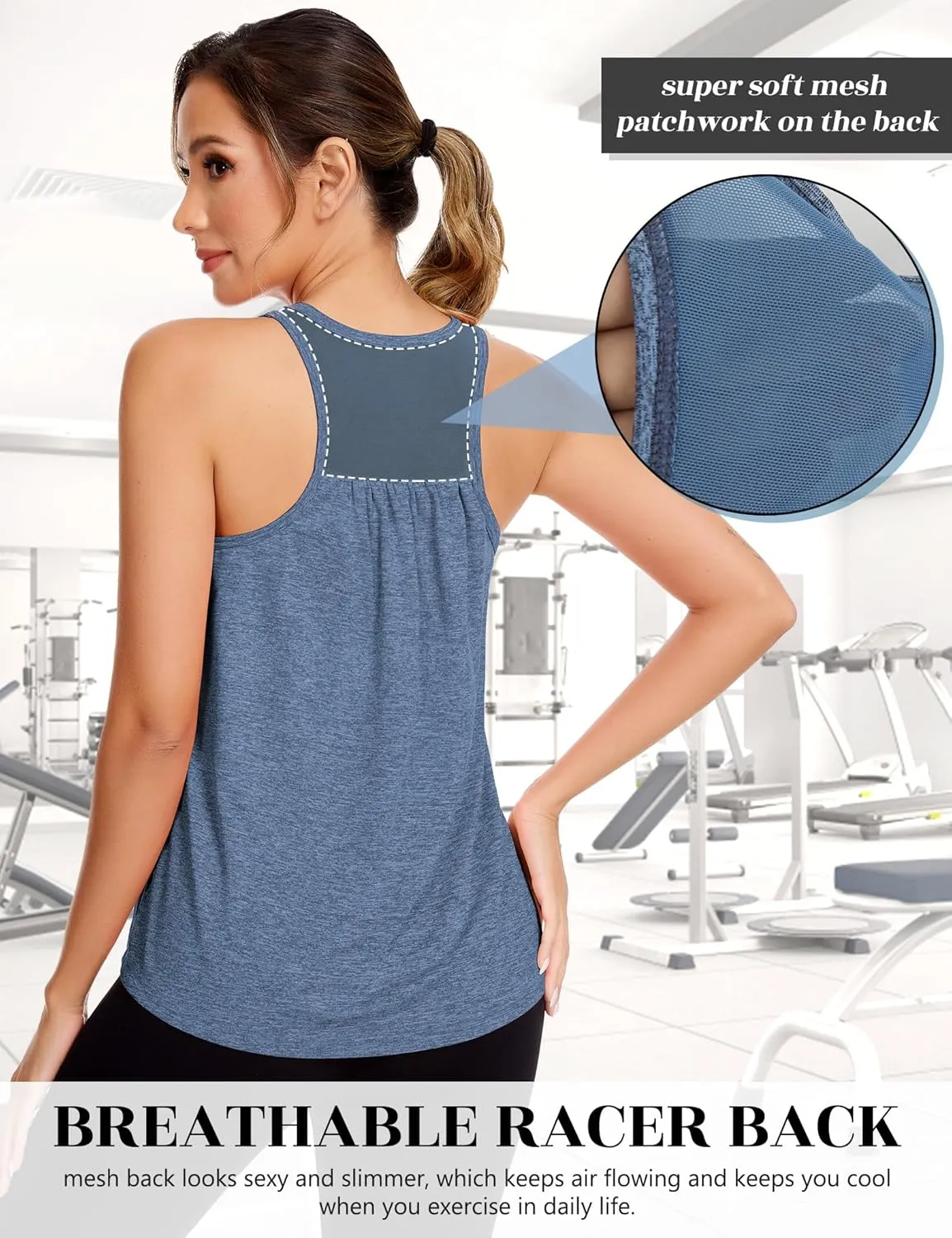 SLIMBELLE Mesh Racer Back Tank Tops Womens Gym Yoga Athletic Workout Tops Round Neck Sleeveless Cami with Built in Bra