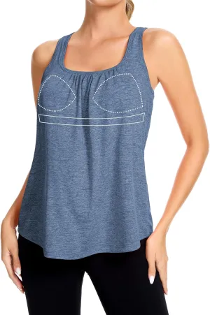 SLIMBELLE Mesh Racer Back Tank Tops Womens Gym Yoga Athletic Workout Tops Round Neck Sleeveless Cami with Built in Bra