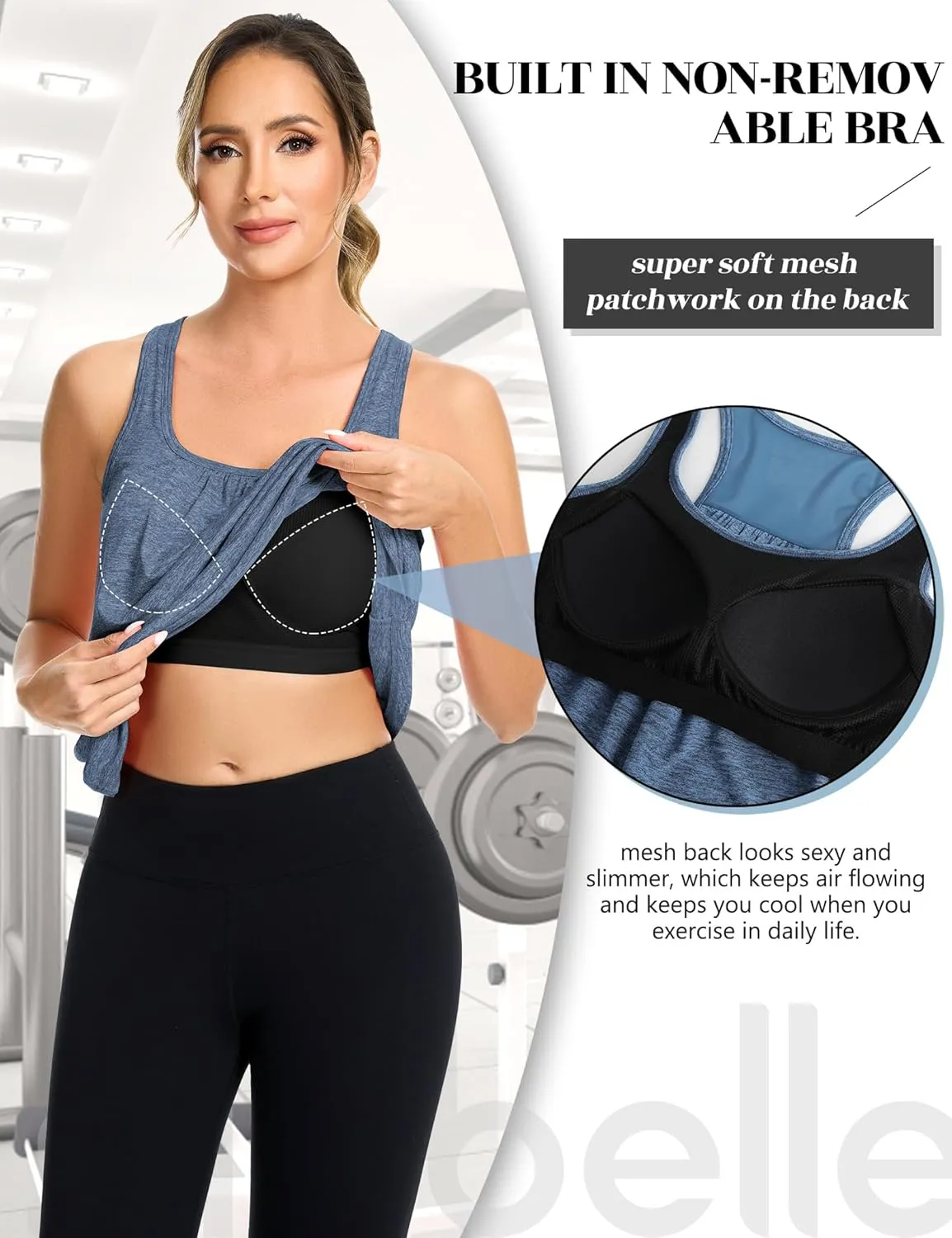 SLIMBELLE Mesh Racer Back Tank Tops Womens Gym Yoga Athletic Workout Tops Round Neck Sleeveless Cami with Built in Bra