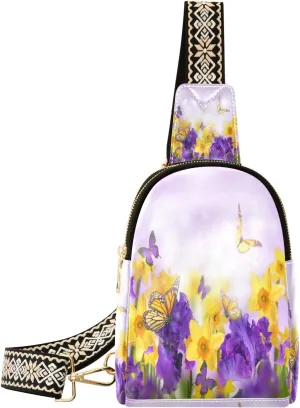 Small Sling Bag Waist Packs Leather Crossbody Packs Chest Bag Butterflies Flying Yellow Daffodils for Women Travel Belt Purse