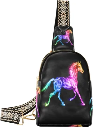 Small Sling Bag Waist Packs Leather Crossbody Packs Chest Bag Colorful Horse for Women Travel Belt Purse