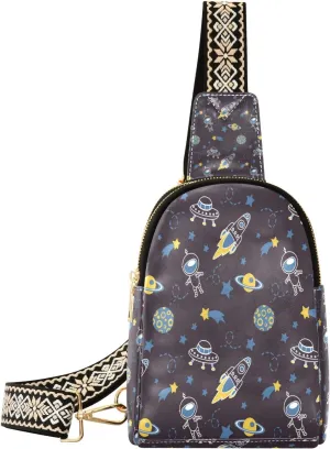 Small Sling Bag Waist Packs Leather Crossbody Packs Chest Bag Cute Astronauts Comets Stars Planetsmoon and Rockets for Women Travel Belt Purse