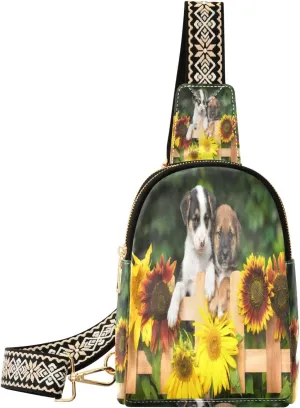 Small Sling Bag Waist Packs Leather Crossbody Packs Chest Bag Cute Little Puppy Dog with Sunflowers for Women Travel Belt Purse