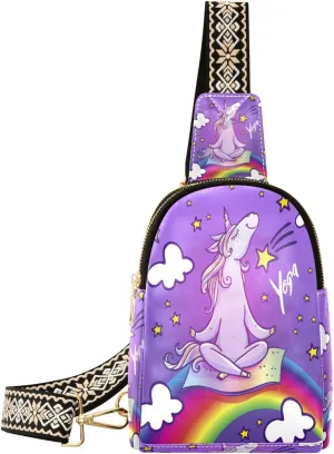 Small Sling Bag Waist Packs Leather Crossbody Packs Chest Bag Cute Unicorn Doing Yoga for Women Travel Belt Purse