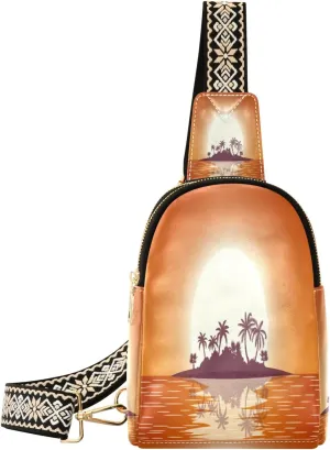 Small Sling Bag Waist Packs Leather Crossbody Packs Chest Bag Hot Tropical Island with Palm Trees for Women Travel Belt Purse