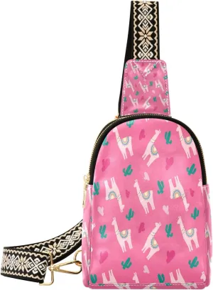 Small Sling Bag Waist Packs Leather Crossbody Packs Chest Bag Pink Llama for Women Travel Belt Purse