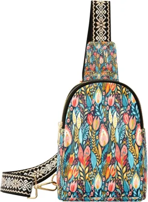 Small Sling Bag Waist Packs Leather Crossbody Packs Chest Bag Strawberry and Flower for Women Travel Belt Purse