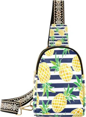 Small Sling Bag Waist Packs Leather Crossbody Packs Chest Bag Stripe Pineapple for Women Travel Belt Purse